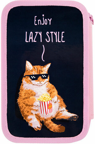 Пенал ПИФАГОР, 3 отделения, ламинированный картон, 19х11 см, "Lazy cat", 272252