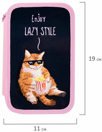 Пенал ПИФАГОР, 3 отделения, ламинированный картон, 19х11 см, "Lazy cat", 272252
