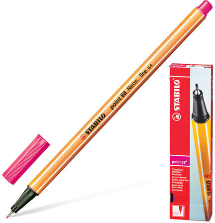 Ручка капиллярная (линер) STABILO "Point 88", НЕОНОВАЯ РОЗОВАЯ, корпус оранжевый, линия письма 0,4 мм, 88/056