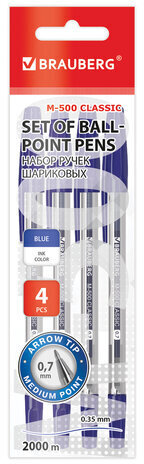 Ручки шариковые BRAUBERG &quot;M-500&quot;, НАБОР 4 шт., СИНИЕ, узел 0,7 мм, линия письма 0,35 мм, 143453