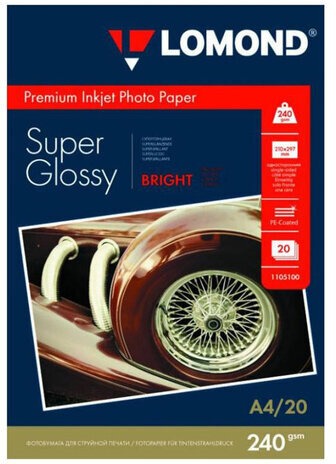Фотобумага PREMIUM суперглянцевая, А4, 240 г/м2, односторонняя, ярко-белая, 20 листов, LOMOND, 1105100