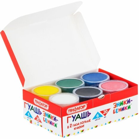 Гуашь ПИФАГОР "ЭНИКИ-БЕНИКИ NEW", 6 цветов по 20 мл, 192525