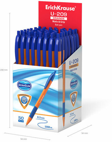Ручка шариковая масляная автоматическая с грипом ERICH KRAUSE "U-209 Orange", СИНЯЯ, узел 1,0 мм, линия письма 0,3 мм, 47593
