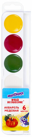 Краски акварельные ЮНЛАНДИЯ "ЮНЫЙ ВОЛШЕБНИК", медовые, 6 цветов, круглые кюветы, пластик, 192357