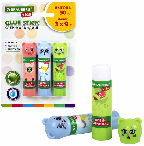 Клей-карандаш "Зверята: кошка, мышка, хрюшка", 9 г, фигурный колпачок, 3 шт./блистер, BRAUBERG KIDS, 271141