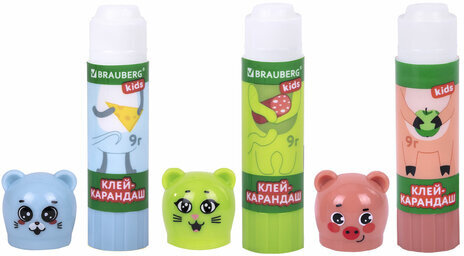 Клей-карандаш "Зверята: кошка, мышка, хрюшка", 9 г, фигурный колпачок, 3 шт./блистер, BRAUBERG KIDS, 271141