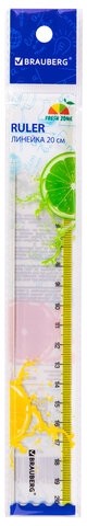 Линейка пластиковая 20 см BRAUBERG "FRESH ZONE", прозрачная, с желтой шкалой, 210749