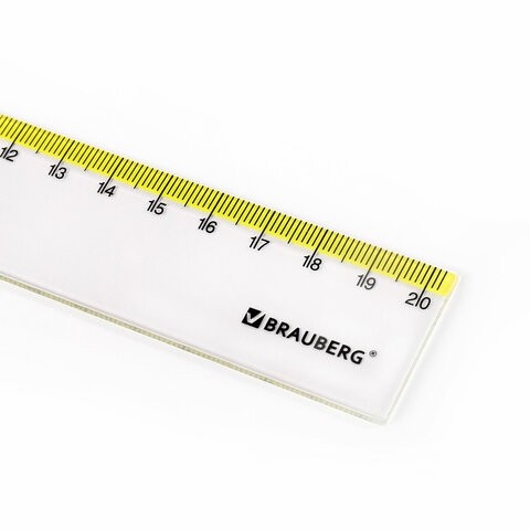 Линейка пластиковая 20 см BRAUBERG "FRESH ZONE", прозрачная, с желтой шкалой, 210749