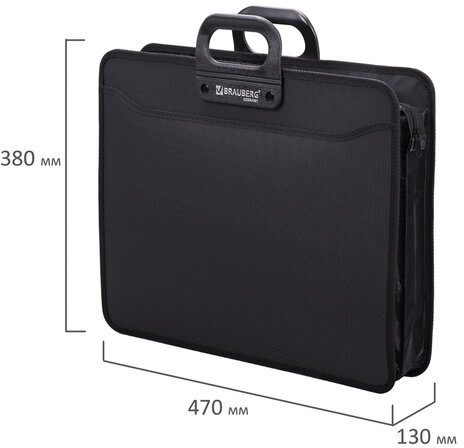 Папка-портфель пластиковая БОЛЬШОГО ФОРМАТА BRAUBERG "ПОРТФОЛИО" А3 (470х380х130 мм), 3 отделения, черная, 223081