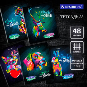 Тетрадь А5, 48 л., BRAUBERG, скоба, клетка, матовая ламинация, выборочный лак, &quot;Animals Pop-Art&quot; (микс в спайке), 404374