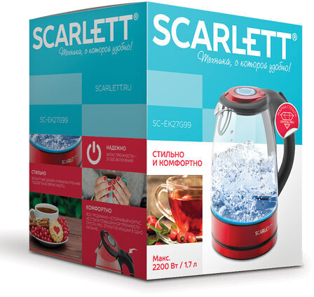 Чайник SCARLETT SC-EK27G99, 1,7 л, 2200 Вт, закрытый нагревательный элемент, стекло, красный