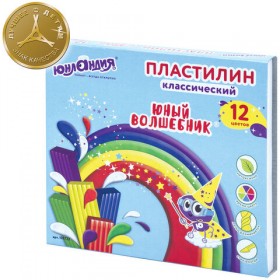 Пластилин классический ЮНЛАНДИЯ &quot;ЮНЫЙ ВОЛШЕБНИК&quot;, 12 цветов, 240 г, СО СТЕКОМ, ВЫСШЕЕ КАЧЕСТВО, 105723