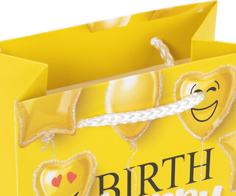 Пакет подарочный 11,4x6,4x14,6 см ЗОЛОТАЯ СКАЗКА "Happy Birthday", глиттер, желтый, 608237