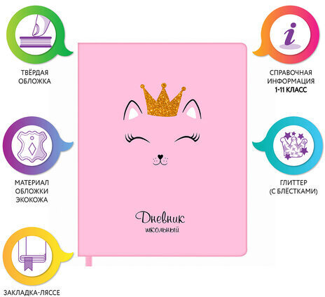 Дневник 1-11 класс 48 л., кожзам (твердая), печать, глиттер, ЮНЛАНДИЯ, "КОШЕЧКА", 105940