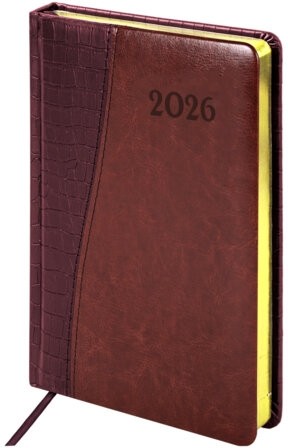 Ежедневник датированный 2026, А5, 138x213 мм, BRAUBERG "Cayman", под кожу, бордовый/коричневый, 117044