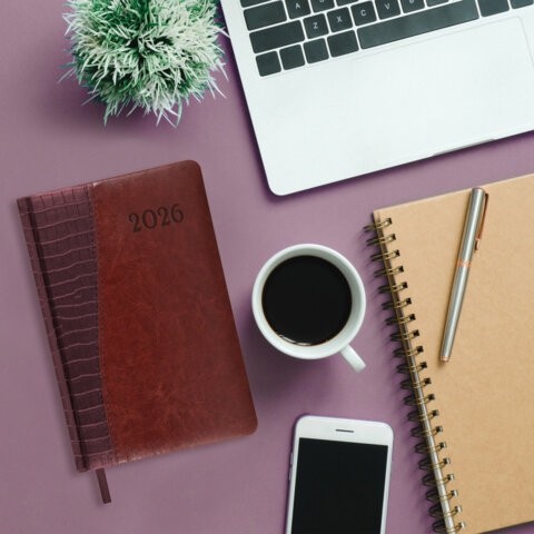 Ежедневник датированный 2026, А5, 138x213 мм, BRAUBERG "Cayman", под кожу, бордовый/коричневый, 117044