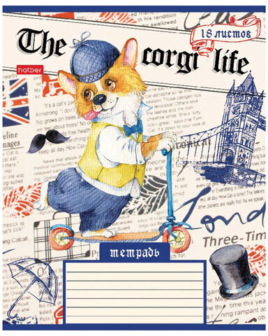 Тетрадь 18 л. HATBER клетка, обложка картон, "Корги_LIFE" (5 видов в спайке), 18Т5В1