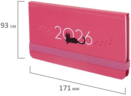 Еженедельник датированный 2026 с резинкой 171х93 мм, BRAUBERG, твердый, УФ-ЛАК, 64 л., "Кот", 117349