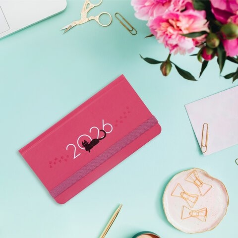 Еженедельник датированный 2026 с резинкой 171х93 мм, BRAUBERG, твердый, УФ-ЛАК, 64 л., "Кот", 117349