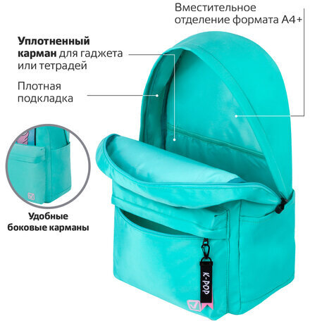 Рюкзак BRAUBERG FASHION CITY, универсальный, "K-pop", бирюзовый, 44х31х16 см, 229966