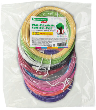 Безопасный PLA-пластик для 3D-ручки, 100 метров (10 цветов х 10 м), BRAUBERG KIDS, 665189