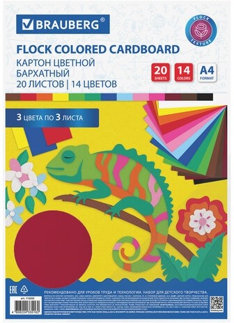 Картон цветной А4 БАРХАТНЫЙ, 20 листов 14 цветов, 180 г/м2, BRAUBERG, 113505