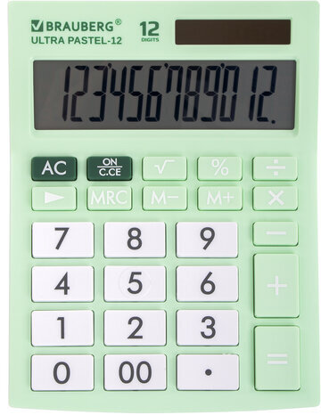 Калькулятор настольный BRAUBERG ULTRA PASTEL-12-LG (192x143 мм), 12 разрядов, двойное питание, МЯТНЫЙ, 250504