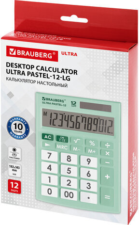 Калькулятор настольный BRAUBERG ULTRA PASTEL-12-LG (192x143 мм), 12 разрядов, двойное питание, МЯТНЫЙ, 250504
