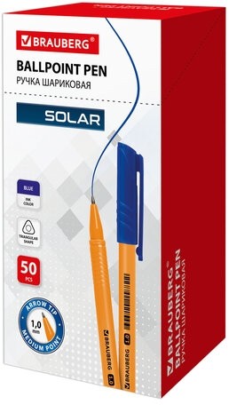 Ручка шариковая BRAUBERG "Solar", СИНЯЯ, трехгранная, корпус оранжевый, узел 1 мм, линия письма 0,5 мм, 142402