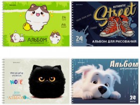 Альбом для рисования А4, 24 л., гребень, обложка картон, BRAUBERG, 195х285 мм, МИКС-1, 107108
