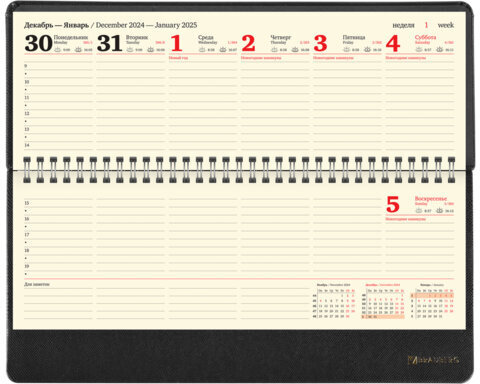 Планинг датированный 2025 305х140 мм BRAUBERG "Iguana", под кожу, черный, 115693