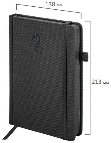 Ежедневник датированный 2025, А5, 138х213 мм, BRAUBERG "Plain", под кожу, резинка, держатель для ручки, черный, 115915