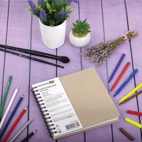 Скетчбук, белая бумага, 160 г/м2, плотная, 19х19 см, 60 л., гребень, твердая обложка, КРАФТ, BRAUBERG ART CLASSIC, 116366