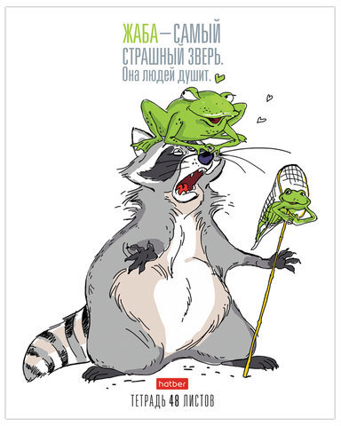 Тетрадь, А5, 48 л., HATBER, скоба, клетка, обложка картон, "Прикольный Енот" (5 видов в спайке), 48Т5В1