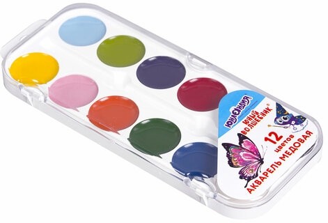 Краски акварельные ЮНЛАНДИЯ "ЮНЫЙ ВОЛШЕБНИК", медовые, 12 цветов, круглые кюветы, пластик, 192358