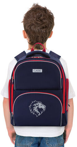 Рюкзак BRAUBERG CLASSIC, легкий каркас, премиум материал, Lion, синий, 37х32х21 см, 228829