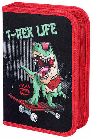 Пенал ПИФАГОР, 1 отделение 2 откидные планки, полиэстер, 20х14 см, "T-Rex Life", 271513
