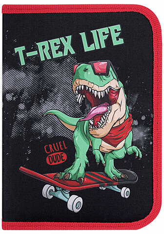 Пенал ПИФАГОР, 1 отделение 2 откидные планки, полиэстер, 20х14 см, "T-Rex Life", 271513