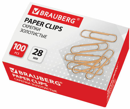 Скрепки BRAUBERG, 28 мм, золотистые, 100 шт., в картонной коробке, 221529