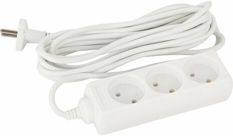 Удлинитель сетевой SONNEN U-135, 3 розетки, без заземления, 6 А, 5 м, белый, 511430