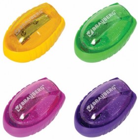 Точилка BRAUBERG "Shuttle", с контейнером, эллиптическая, ассорти, в картонном дисплее, 222505