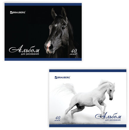 Альбом для рисования, А4, 40 листов, скоба, обложка картон, BRAUBERG, 200х283 мм, "Благородные кони" (2 вида), 103728