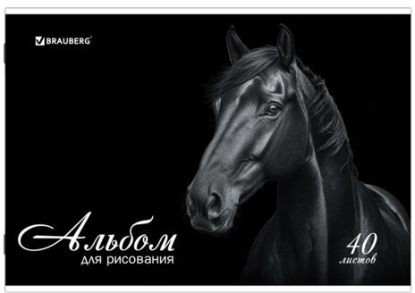 Альбом для рисования, А4, 40 листов, скоба, обложка картон, BRAUBERG, 200х283 мм, "Благородные кони" (2 вида), 103728