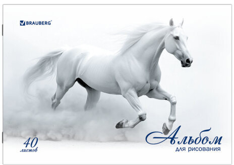 Альбом для рисования, А4, 40 листов, скоба, обложка картон, BRAUBERG, 200х283 мм, "Благородные кони" (2 вида), 103728