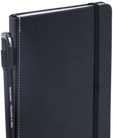 Блокнот А5 135x212мм BRAUBERG "Soft touch" под кожу, резинка, держатель, 80л клетка, черный, 117145