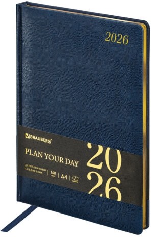 Ежедневник датированный 2026 БОЛЬШОЙ ФОРМАТ 210х297 мм, А4, BRAUBERG "Iguana", под кожу, синий, 117245