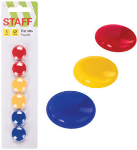 Магниты МАЛОГО ДИАМЕТРА, 20 мм, КОМПЛЕКТ 6 штук, цвет АССОРТИ, в блистере, STAFF &quot;Basic&quot;, 236404