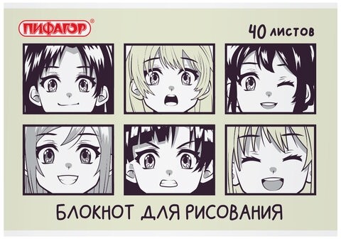 Блокнот для рисования, А4, 40 листов, скоба, обложка офсет, ПИФАГОР, 200х285 мм, "Аниме" (2 вида), 115247