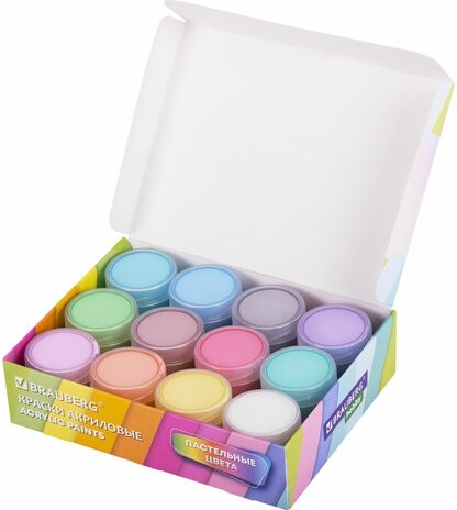 Краски акриловые ПАСТЕЛЬНЫЕ для рисования и творчества 12 цветов по 20 мл, BRAUBERG HOBBY, 192440