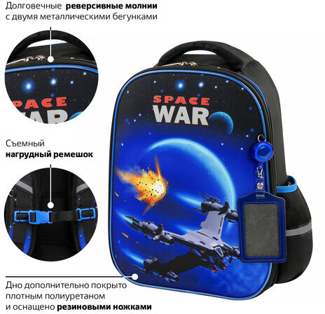 Ранец ЮНЛАНДИЯ LIGHT, 2 отделения, "Space war", 38х29х16 см, 270607